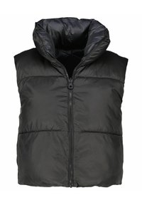 Chaleco de plumas negro con cuello alto, cierre de cremallera y diseño acolchado. Presenta una textura suave y brillante, y no tiene mangas.