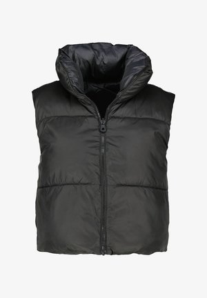 Gilet imbottito nero con colletto alto, chiusura a zip e design imbottito. Presenta una texture liscia e lucida e non ha maniche.