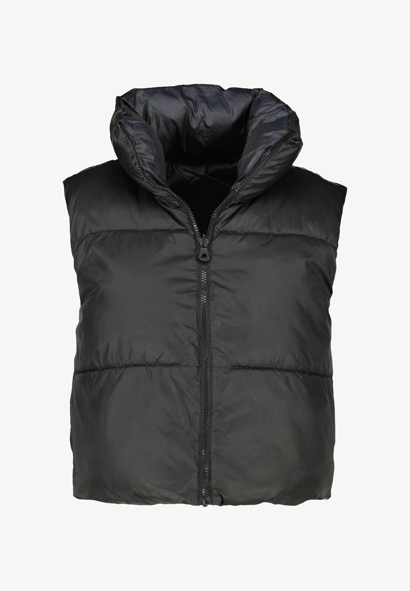 Chaleco de plumas negro con cuello alto, cierre de cremallera y diseño acolchado. Presenta una textura suave y brillante, y no tiene mangas.