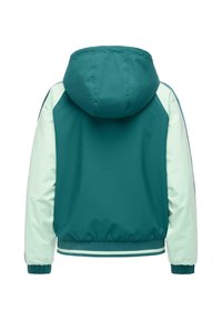 Szmaragdowo-zielona i jasnozielona kurtka z kapturem, z elastycznymi mankietami i paskiem w talii, pokazana od tyłu na białym tle.