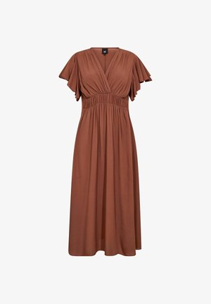 Barna, térd hosszúságú ruha, könnyű anyagból készült. V-nyakú, fodros ujjú, és gumis dereka van, ami laza illeszkedést biztosít.