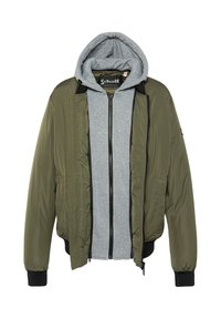 Olivgrüne Bomberjacke mit grauem Reißverschluss-Hoodie innen, gerippten Bündchen und Seitentaschen. Glattes Material mit tailliertem Schnitt.