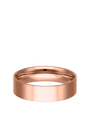 Simple polished rose gold wedding band with smooth surface and rounded edges on a white background.