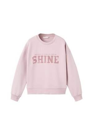 Sweatshirt rose clair avec des poignets et un ourlet côtelés, arborant le texte décoloré "Le monde est à vous pour briller ! ÉCLAIRES" sur la poitrine.