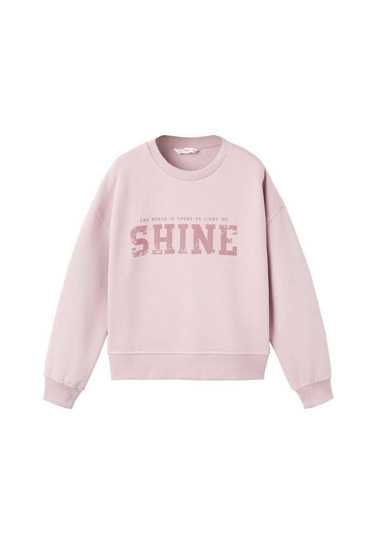 Felpa rosa chiaro con polsini e orlo a costine, che presenta la scritta sbiadita "Il mondo è tuo da illuminare! BRILLA" sul petto.