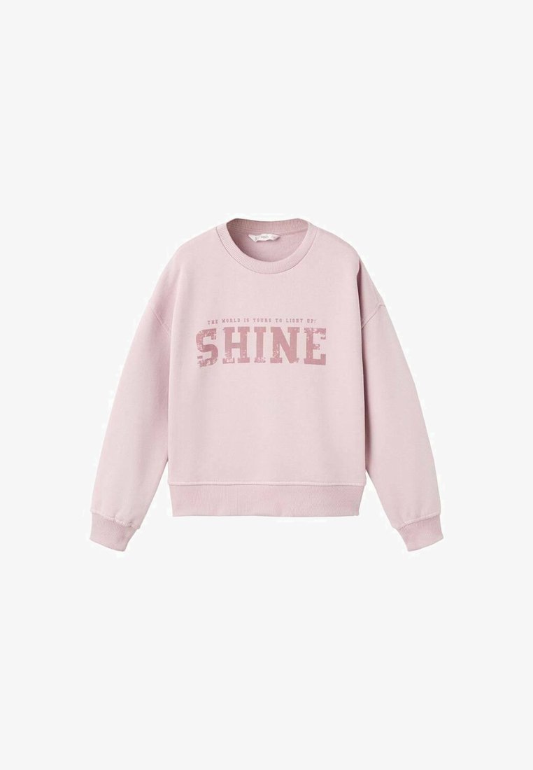 Felpa rosa chiaro con polsini e orlo a costine, che presenta la scritta sbiadita "Il mondo è tuo da illuminare! BRILLA" sul petto.