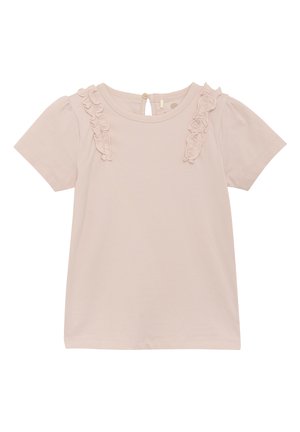 Ljust rosa kortärmad t-shirt med volangdetaljer längs axlarna och en liten knäppning bak. Mjuk, stretchig tyg.