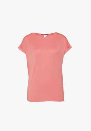 Koraalkleurig t-shirt met korte mouwen van zachte stof. Heeft een ronde halslijn en een ontspannen pasvorm met opgerolde mouwen. Gladde textuur.