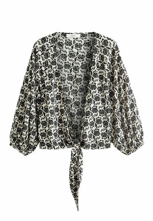 Bluză cu model floral alb-negru, cu mâneci largi, cu cravată în față și croi lejer. Confecționată dintr-un material ușor, cu o textură netedă.