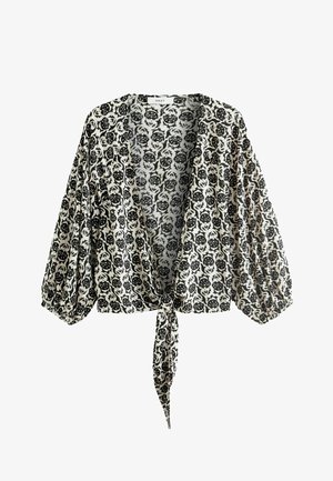 Bluză cu model floral alb-negru, cu mâneci largi, cu cravată în față și croi lejer. Confecționată dintr-un material ușor, cu o textură netedă.