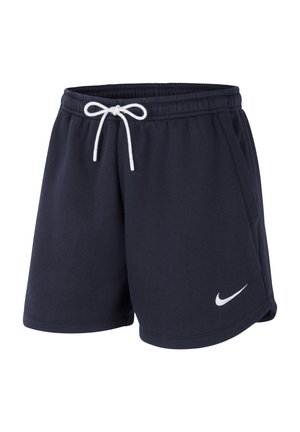 Shorts de survêtement bleu marine en tissu doux, avec un cordon blanc et un petit logo Nike blanc en bas à gauche.