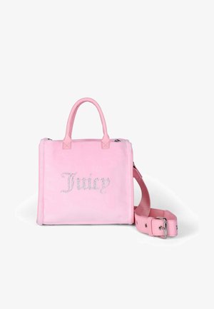 Rosa Kunstpelz-Handtasche mit Wildledertextur, rechteckige Form. "Juicy" in Strasssteinen auf der Vorderseite, mit abnehmbarem Schultergurt.