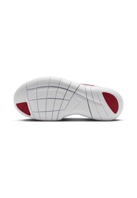 Valkoinen urheilujalkineen pohja punaisilla yksityiskohdilla, jossa on teksturoitu pinta ja ruutukuosi pitoa varten. Nike-logo kohotettuna sivussa.