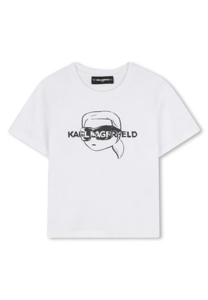 T-shirt en coton blanc avec un graphique noir représentant un personnage portant des lunettes de soleil et le texte "KARL LAGERFELD", col rond, manches courtes.