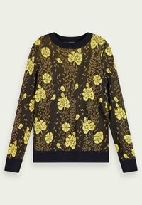 Suéter negro con llamativa bordado floral en amarillo, cuello redondo, mangas largas y puños y dobladillo acanalados.