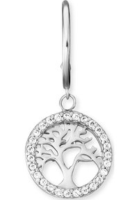 Silver tree of life örhängen med ett cirkulärt mönster, prydda med en kant av klara kristaller, som erbjuder ett detaljrikt utstansat trämönster.
