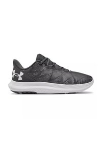 Graue Sportschuhe mit einem strukturierten Mesh-Obermaterial, flachen Schnürsenkeln und einer weißen Sohle mit einem schwarzen Profilmuster. Logo an der Ferse.