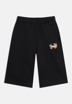 Pantaloni scurți negri, până la genunchi, cu talie elastică, buzunare laterale și un logo Puma colorat cu detalii florale și pasăre pe coapsa dreaptă.