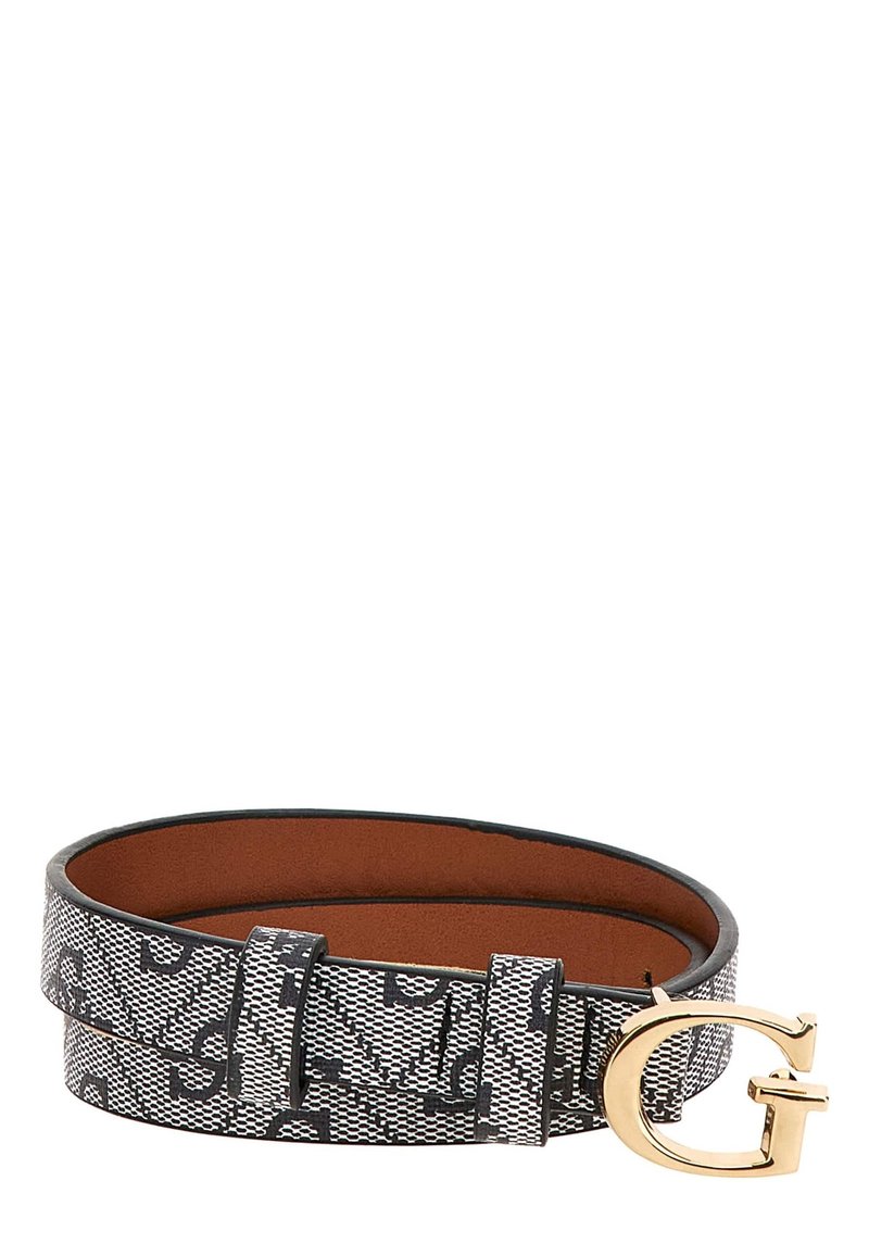 Ceinture en tissu à motif noir et blanc avec un intérieur en cuir lisse marron, dotée d'une boucle en or en forme de lettre "G" et d'une sangle réglable.