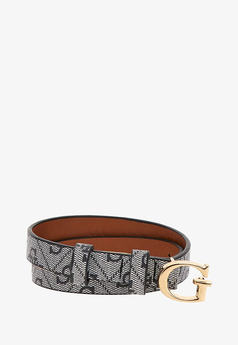 Ceinture en tissu à motif noir et blanc avec un intérieur en cuir lisse marron, dotée d'une boucle en or en forme de lettre "G" et d'une sangle réglable.