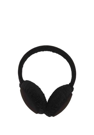 Black over-ear headphones with a soft, fuzzy texture on the headband and ear cushions against a white background.