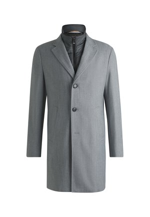 Gray long coat with a textured finish, notched lapels, and a zippered inner layer. Features two front pockets and a single button closure.
