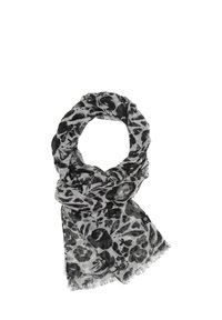 Écharpe légère grise ornée de motifs floraux et léopard noirs. Bords effilochés et texture douce pour le confort et un style décontracté.