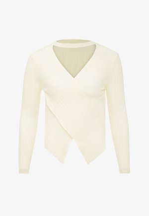 Sweter z prążkowanego materiału w kolorze kremowym, z długimi rękawami i głębokim dekoltem w kształcie litery V, z krzyżującym się wzorem z przodu.