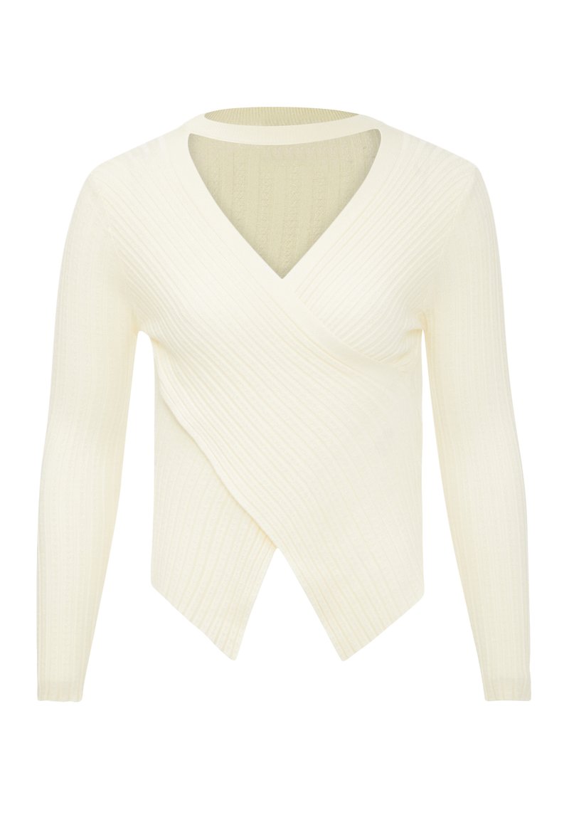 Maglione a coste di colore crema con maniche lunghe e scollatura a V profonda, caratterizzato da un design incrociato nella parte frontale.