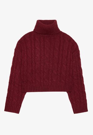 Burgunderfarget cropped turtleneck-genser med kabelstrikkedesign, ribbestrikkede kanter og lange ermer, laget av et mykt teksturert materiale.