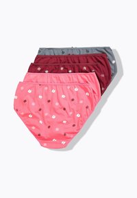 Verpakking van drie damesonderbroeken in roze, bordeauxrood en grijs. Voorzien van bloempatronen in wit en roze. Zachte stof met elastische tailleband.