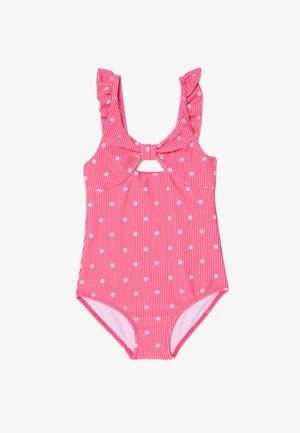Maillot de bain une pièce rose avec fines rayures verticales blanches, petits motifs floraux blancs, bretelles à volants et détail découpe nœud au niveau de la poitrine.