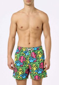 Costumi da bagno da uomo con un vivace motivo grafico, realizzati in tessuto leggero, con vita regolabile mediante lacci e una vestibilità comoda.