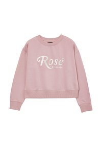 Felpa corta rosa realizzata in tessuto morbido, con la scritta bianca "Rosé Lovers" stampata sul davanti e bordi a coste sui polsini e sull'orlo.
