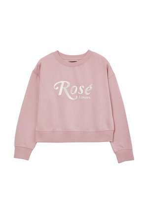 Pink cropped sweatshirt made of soft fabric featuring a white printed text "Rosé Lovers" on the front and ribbed cuffs and hem.