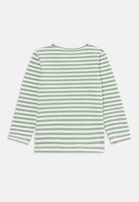 Langermet skjorte med grønne og hvite horisontale striper, rund hals, lagt flatt på en hvit bakgrunn.