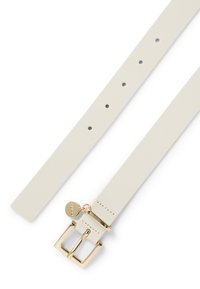 White leather belt with a gold-tone metal buckle, features several holes for adjustment and a small logo tag near the buckle.
