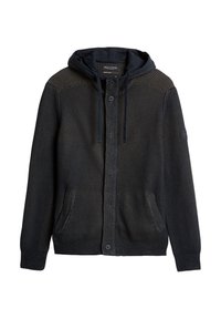 Marineblau gestrickte Jacke mit Kapuze, die über eine gemusterte Textur, zwei Fronttaschen und einen Knopfverschluss verfügt. Akzente in einer helleren Farbe nahe den Schultern.