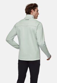 Hellegrüne Softshelljacke mit hohem Kragen, langen Ärmeln und einem Logo auf dem Rücken; zeichnet sich durch eine glatte Textur und ein minimalistisches Design aus.