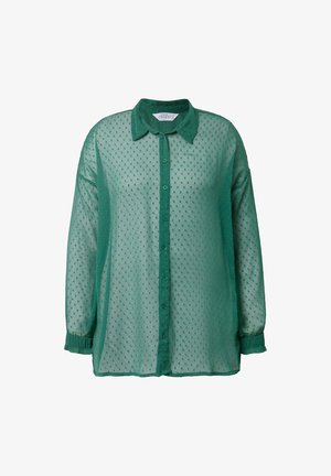 Groene semi-doorzichtige blouse van lichtgewicht stof, met een knoopsluiting aan de voorkant, klassieke kraag en een gestructureerd stippenpatroon met lange mouwen.
