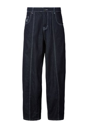 Tmavomodré rifľové nohavice s voľným strihom, bielym kontrastným prešívaním, dvoma prednými vreckami a zapínaním na gombík v páse.