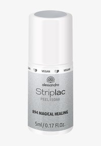 Alessandro Striplac, 5ml bottle. White cap, silver label with black text, "894 Magical Healing." Vegan, peel or soak formula.