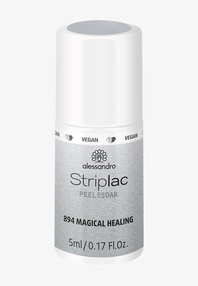 Alessandro Striplac, 5ml bottle. White cap, silver label with black text, "894 Magical Healing." Vegan, peel or soak formula.
