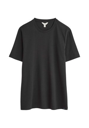 Zwarte katoenen t-shirt met korte mouwen, ronde halslijn, rechte zoom en een subtiele textuur. Geen zichtbare patronen of accenten. Maat medium.