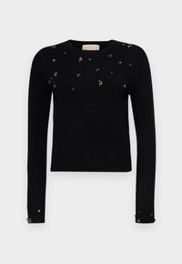 Maglione nero lavorato a maglia con scollatura rotonda, maniche lunghe e decorazioni metalliche sparse sulla parte anteriore e sui polsini.
