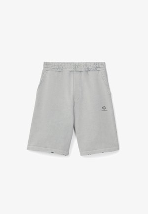 Shorts décontractés gris clair avec taille élastique, poches latérales et petit logo Camperlab sur la cuisse droite.