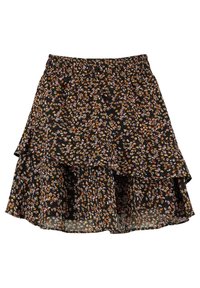 Svart blomsterkjol med lager av volanger, prydd med små mångfärgade blommor och ett elastiskt midjeband för en bekväm passform.