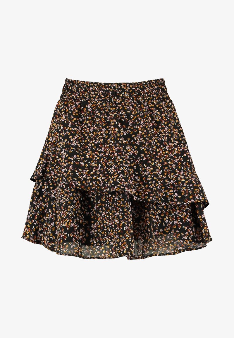 Black floral skirt with layered ruffles, featuring small multicolored flowers and an elastic waistband for a comfortable fit.