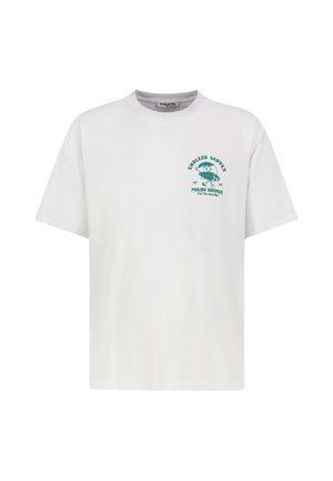 Weißes T-Shirt mit kurzen Ärmeln mit grünem Text „Endless Waves Malibu Summer 2026“ und Cartoon-Katzen-Surfmotiv auf der linken Brust.