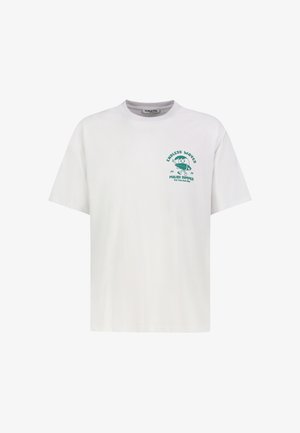 White short-sleeve T-shirt with green "Endless Waves Malibu Summer 2026" text and cartoon cat surfing graphic on the left chest.